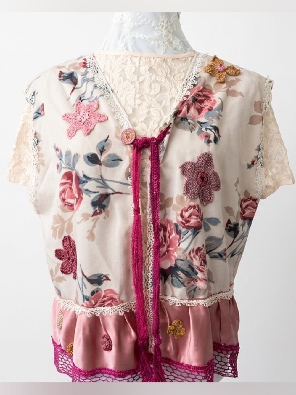 Upcycled Handmade Rose Floral Vest  with Lace and Crochet Details Size L/XL
